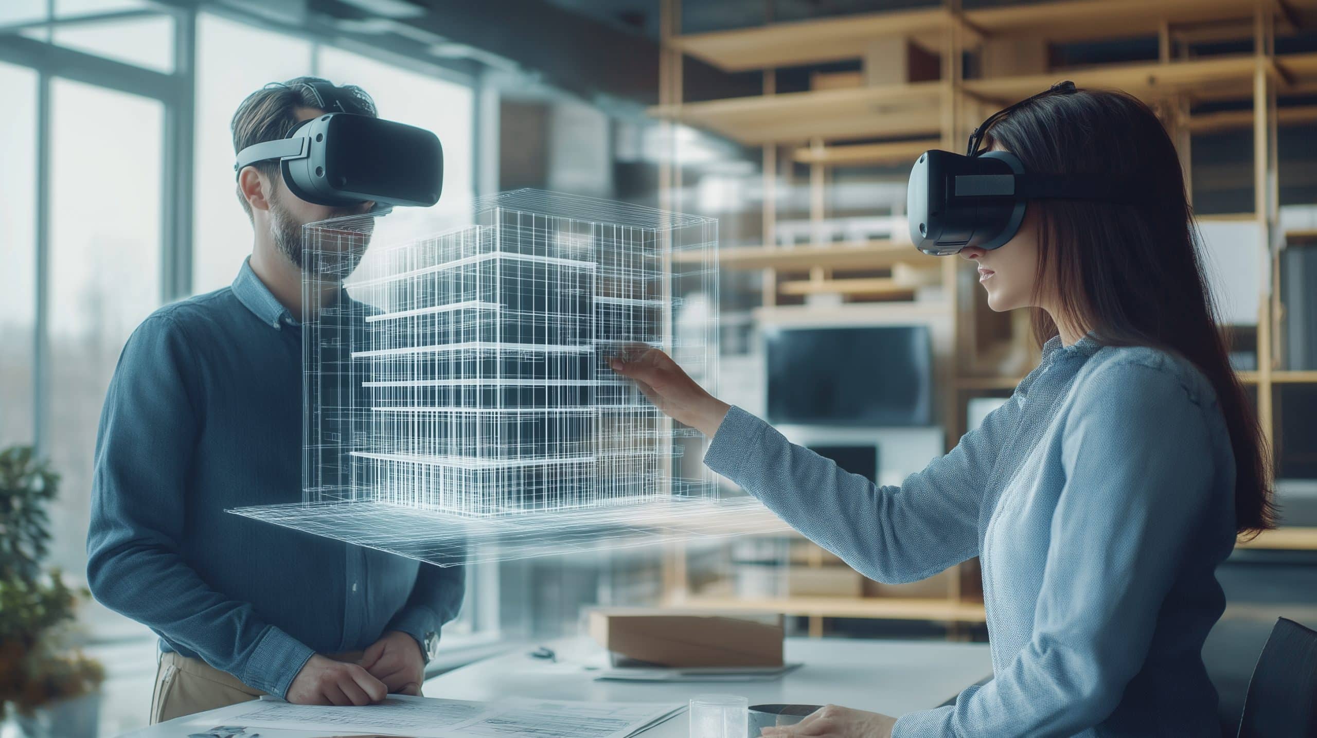 a man and woman wearing virtual reality goggles