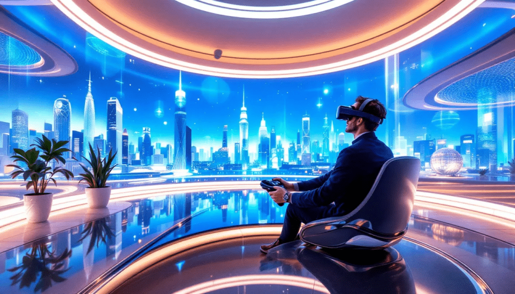 Ein Architekt, der eine Virtual Reality Anwendung in einem modernen Büro verwendet.