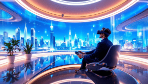 Ein Architekt, der eine Virtual Reality Anwendung in einem modernen BÃ¼ro verwendet.