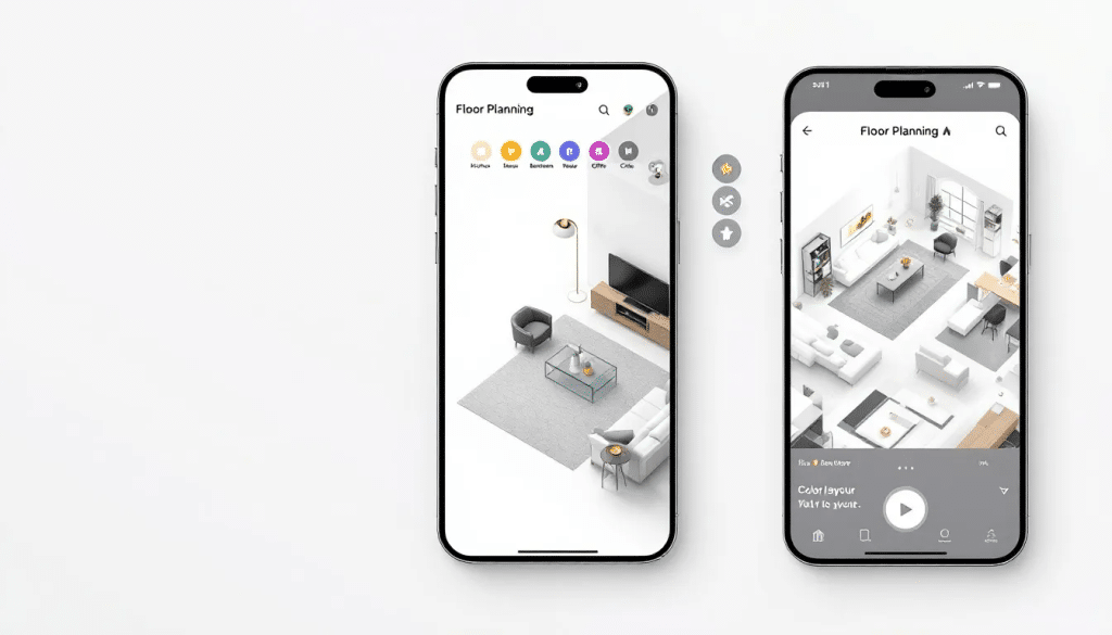 Detailansicht von Apps zur Grundrissplanung, die verschiedene Layouts zeigen.