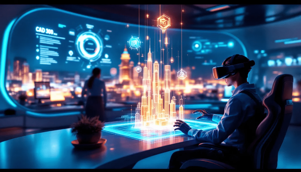 Integration von Virtual Reality in CAD-Software mit einem Screenshot einer Software-Oberfläche.