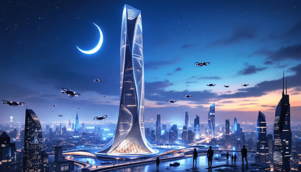 Zukunftsvisionen für Virtual Reality im Architekturbereich mit futuristischen Gebäuden.