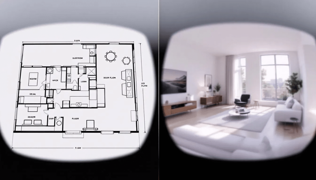 In this image, a side-by-side comparison showcases a flat 2D architectural floor plan of a living room on the left, and a realistic virtual reality view of the same room on the right, highlighting the spatial depth and furniture layout. The modern home interior is illuminated with neutral lighting, emphasizing the clear difference in perception of space between the 2D grundriss and the immersive 3D visualisierung.
