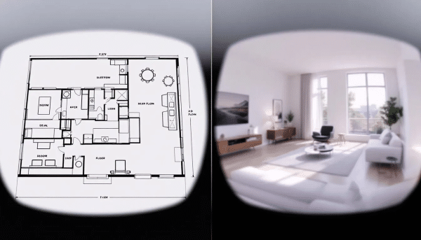 In this image, a side-by-side comparison showcases a flat 2D architectural floor plan of a living room on the left, and a realistic virtual reality view of the same room on the right, highlighting the spatial depth and furniture layout. The modern home interior is illuminated with neutral lighting, emphasizing the clear difference in perception of space between the 2D grundriss and the immersive 3D visualisierung.