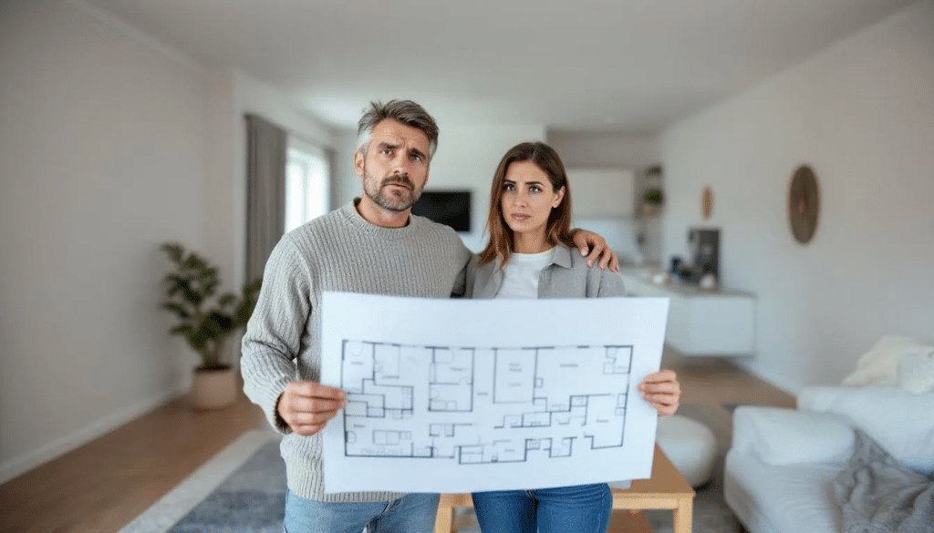 In a newly built living room, a frustrated couple stands confused, holding a printed floor plan as they survey the unexpectedly small space, which features poorly fitting furniture. The realistic lighting and slight fisheye effect emphasize the narrowness of the room, highlighting the importance of careful hausplanung to avoid fehler in their dream home.
