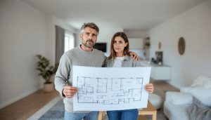 In a newly built living room, a frustrated couple stands confused, holding a printed floor plan as they survey the unexpectedly small space, which features poorly fitting furniture. The realistic lighting and slight fisheye effect emphasize the narrowness of the room, highlighting the importance of careful hausplanung to avoid fehler in their dream home.