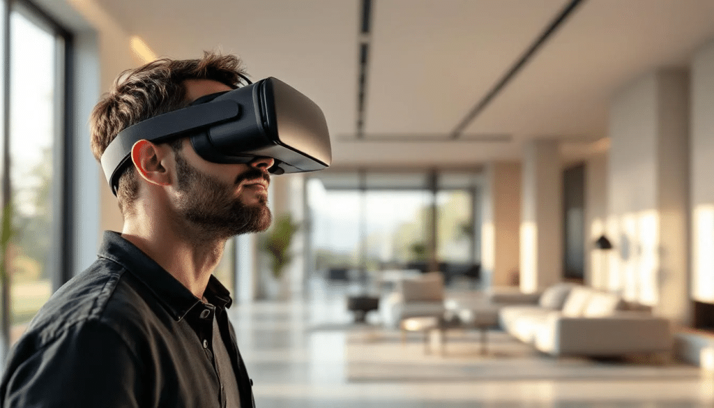 In the image, a man is immersed in virtual reality, wearing a VR headset as he explores the photorealistic interior of a modern house. The wide-angle perspective showcases clean architectural design, with realistic lighting and shadows that enhance the immersive experience of the 3D grundriss.