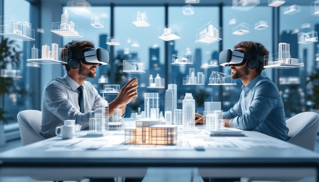 In a virtual reality meeting room, an architect and a client collaborate while wearing VR headsets, surrounded by digital 3D models of building designs. The scene captures their engagement in the planning phase of a project, highlighting the innovative use of technology in real estate visualization.