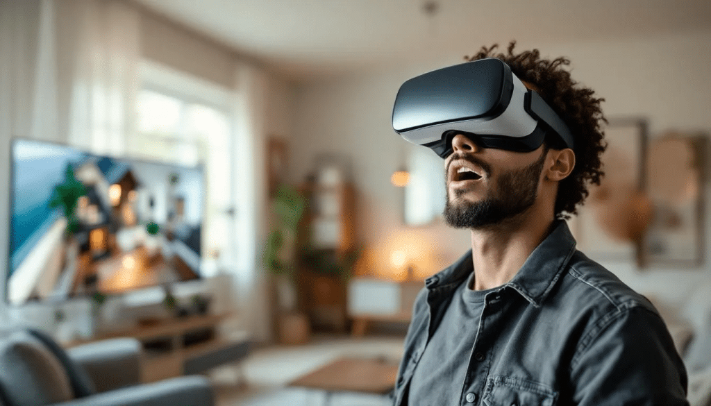 In a cozy living room filled with soft natural light, a person wearing a VR headset stands in awe, immersed in a virtual reality experience of their future home. Behind them, a TV displays a 3D visualisierung of the house interior, emphasizing the concept of exploring the space before it's built, allowing for a detailed rundgang through their dreamhaus.