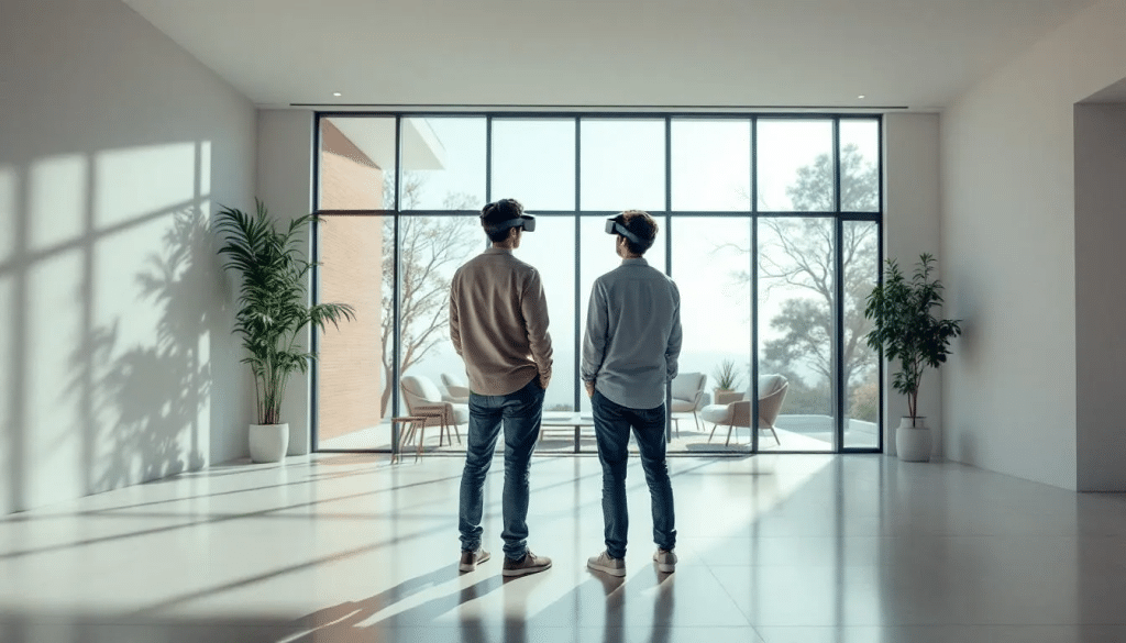 In an empty room flooded with sunlight, a couple stands side by side, wearing virtual reality glasses that allow them to explore a modern minimalistic layout of their future home. The scene captures the excitement of planning their dream house, as they visualize the 3D Grundriss and potential interior design options through advanced technology.