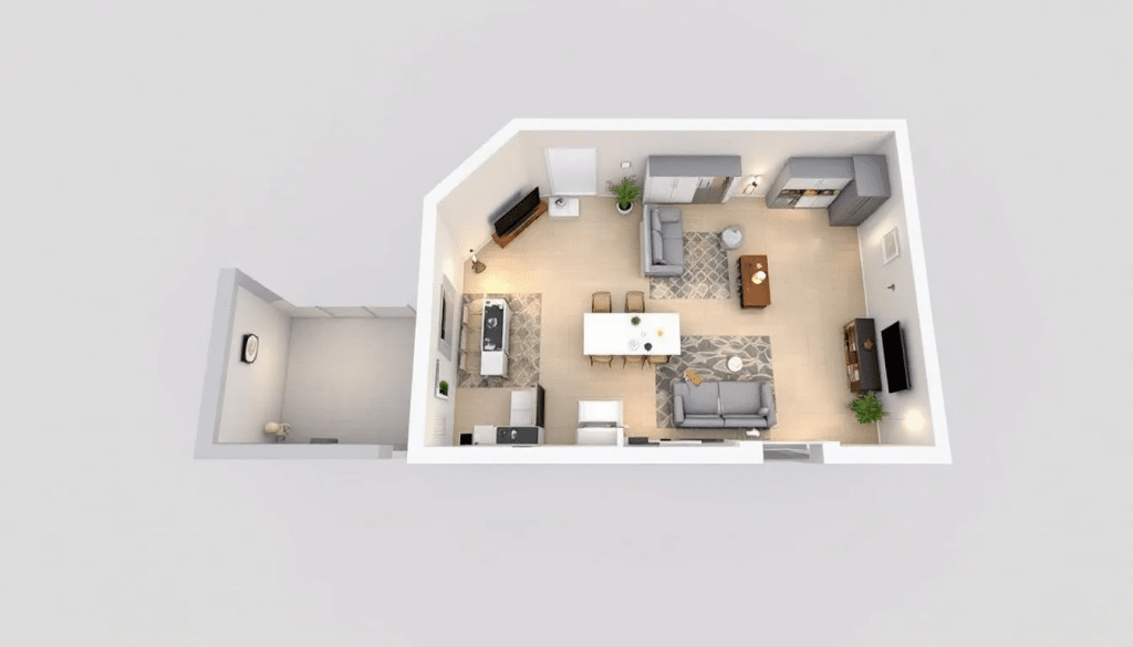 In this high-resolution 3D floor plan rendered in a virtual environment, viewers can see an overhead perspective showcasing detailed walls, furniture, and lighting, creating a realistic representation of a home layout. The image emphasizes the depth and perspective of the space, highlighting the planning and design aspects of the 3D grundriss.