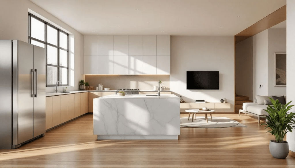 In this photorealistic visualization of a kitchen and living room in virtual reality, modern furniture and detailed textures on the floors and walls are illuminated by natural daylight, creating a warm and inviting atmosphere that showcases the possibilities of a 3D grundriss for your zuhause. The immersive experience highlights the design and functionality of the spaces, making it an ideal tool for planning and visualizing your dream home.