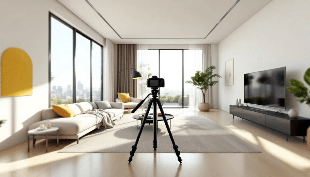 In this high-resolution 360-degree virtual tour view of a modern living room, the clean and minimalistic interior is bathed in bright daylight, showcasing realistic lighting and reflections. A camera tripod is positioned in the center, enhancing the immersive perspective typical of a professional immobilien 360 grad rundgang for real estate virtual walkthroughs.