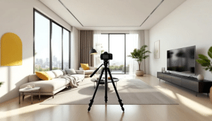 In this high-resolution 360-degree virtual tour view of a modern living room, the clean and minimalistic interior is bathed in bright daylight, showcasing realistic lighting and reflections. A camera tripod is positioned in the center, enhancing the immersive perspective typical of a professional immobilien 360 grad rundgang for real estate virtual walkthroughs.